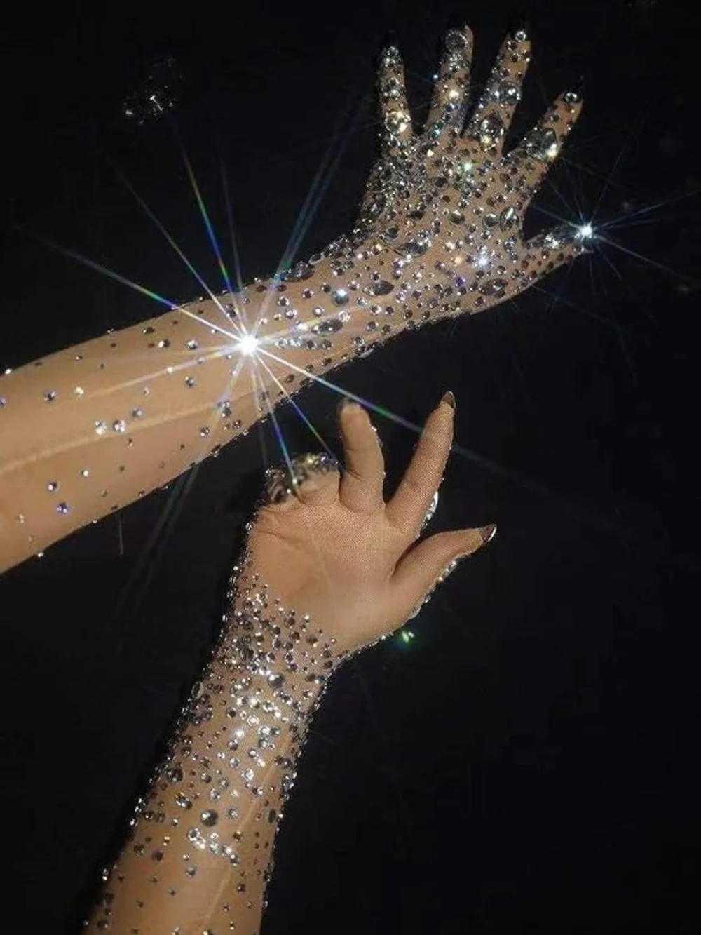 Luxe Crystal Embellished Nude Silver Sparkle Mesh Gloves
